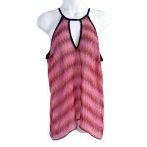 2/$15 Blue Rain Chevron Tank Top Pink Large Keyhole Sleeveless Semi Sheer Ties